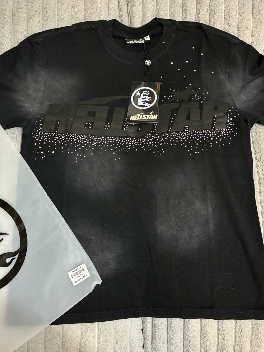 Mens Black Logo Tee with Embellished Detail